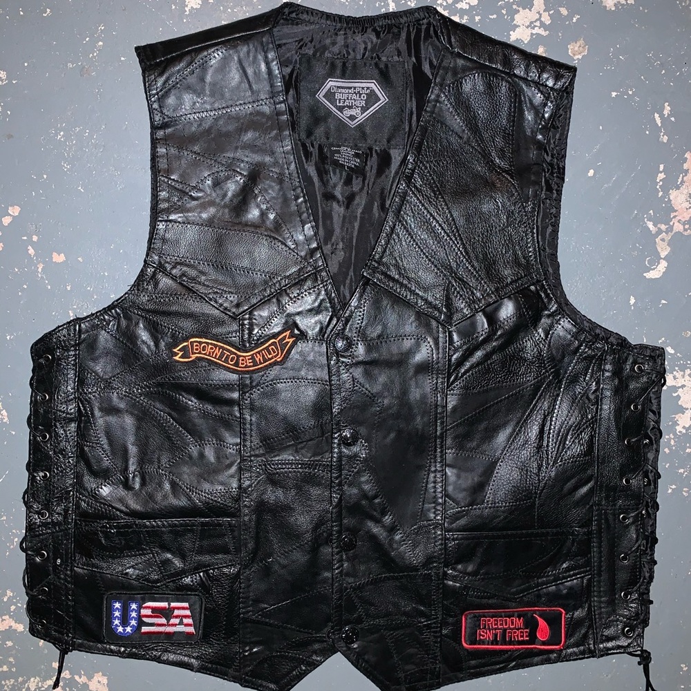 Men’s large genuine leather biker patch vest